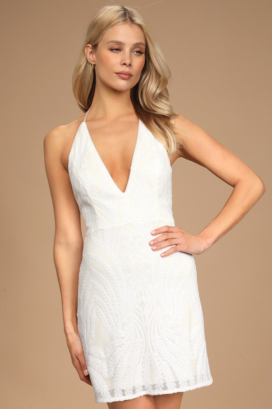 White Sequin Dress - Halter Dress - V ...